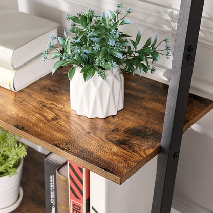 VASAGLE Industrial Ladder Shelf 5-Tier Bookshelf Rack Wall Shelf for Living Room Kitchen Office Stable Steel Leaning Against the Wall Rustic Brown and Black - Cosy Abode