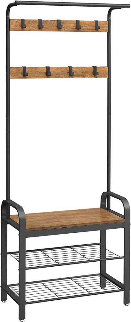 VASAGLE Coat Rack with Shoe Rack 183 cm Height Walnut Brown and Black - Cosy Abode