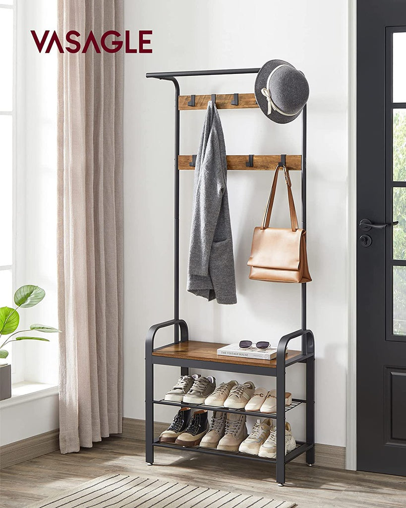 VASAGLE Coat Rack with Shoe Rack 183 cm Height Walnut Brown and Black - Cosy Abode