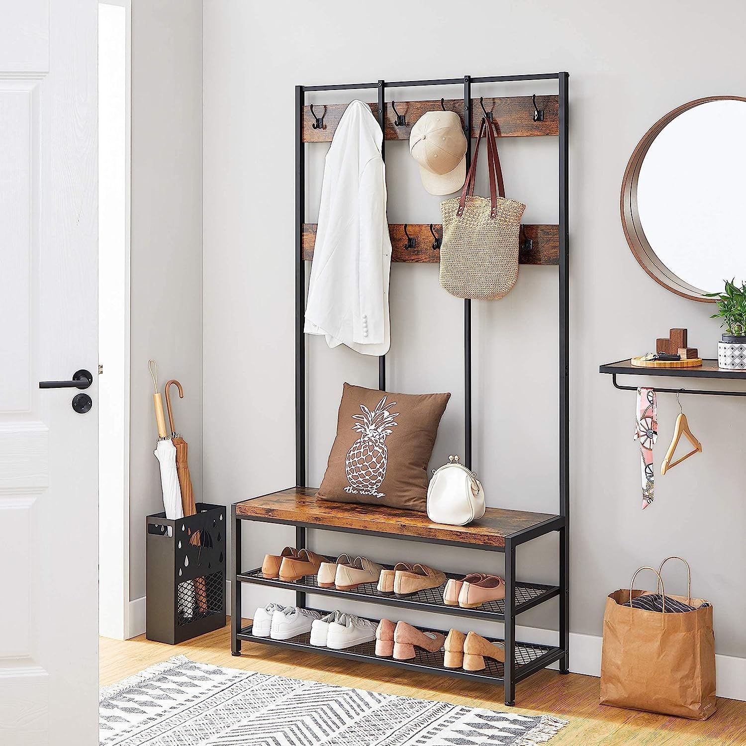 VASAGLE Large Coat Rack Stand Coat Tree with 12 Hooks and Shoe Bench Brown and Black - Cosy Abode