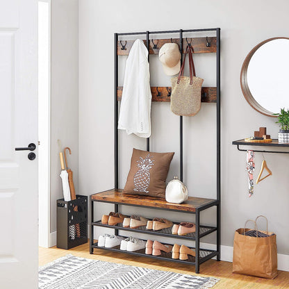 VASAGLE Large Coat Rack Stand Coat Tree with 12 Hooks and Shoe Bench Brown and Black - Cosy Abode