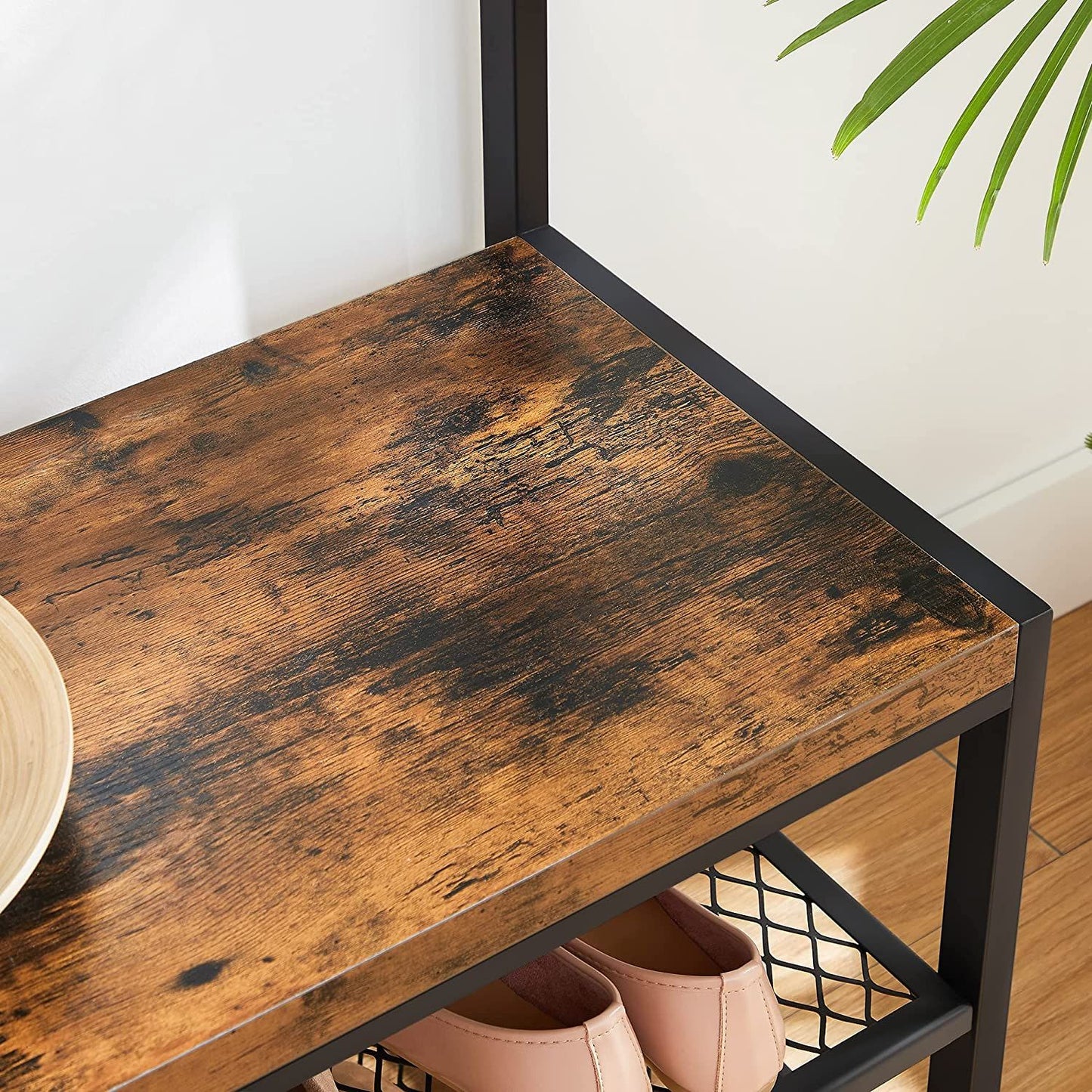 VASAGLE Large Coat Rack Stand Coat Tree with 12 Hooks and Shoe Bench Brown and Black - Cosy Abode