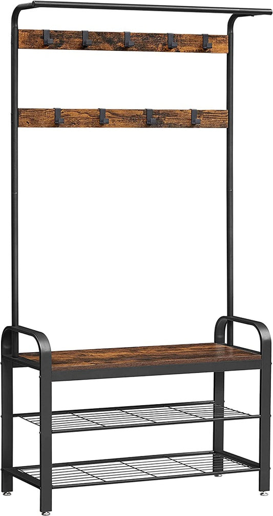 VASAGLE Coat Rack Hall Tree with Shoe Bench 3-in-1 Design Rustic Brown and Black - Cosy Abode