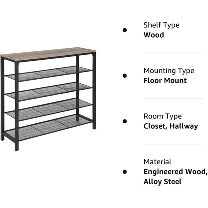 VASAGLE INDESTIC Shoe Rack Organizer with 4 Mesh Shelves Industrial Greige and Black - Cosy Abode