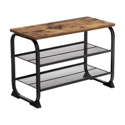 VASAGLE Shoe Bench with 2 Mesh Shelves Rounded Iron Frame Industrial Rustic Brown - Cosy Abode