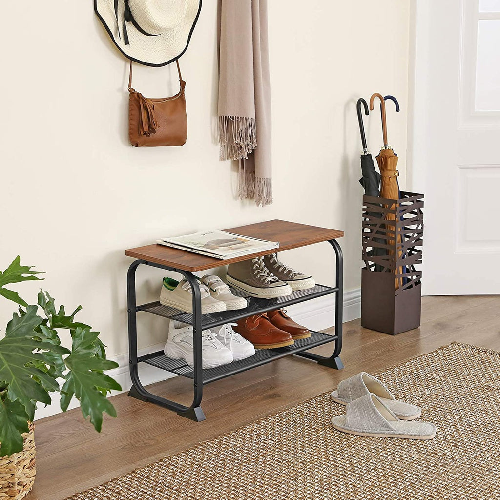 VASAGLE Shoe Bench with 2 Mesh Shelves Rounded Iron Frame Industrial Rustic Brown - Cosy Abode