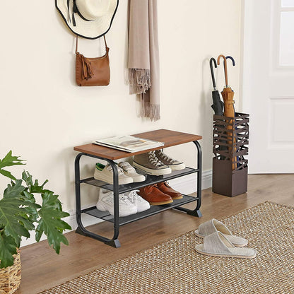 VASAGLE Shoe Bench with 2 Mesh Shelves Rounded Iron Frame Industrial Rustic Brown - Cosy Abode