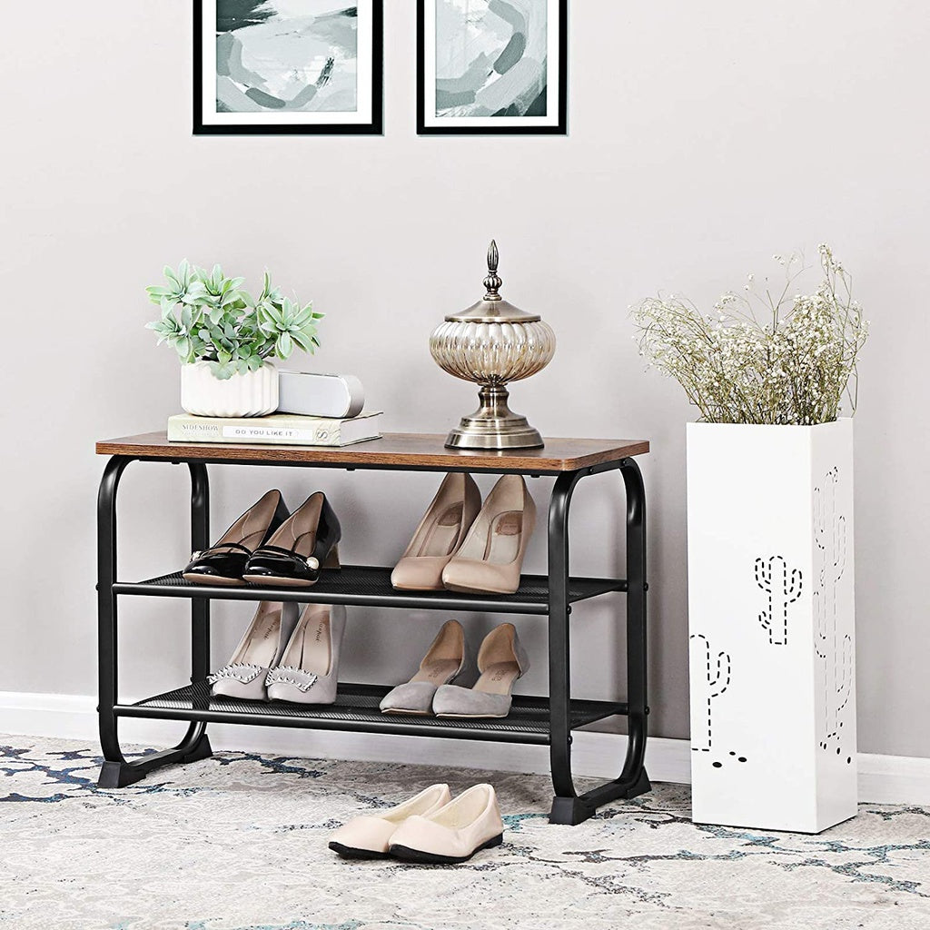 VASAGLE Shoe Bench with 2 Mesh Shelves Rounded Iron Frame Industrial Rustic Brown - Cosy Abode
