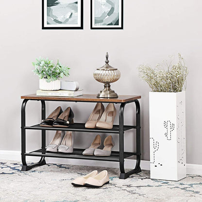 VASAGLE Shoe Bench with 2 Mesh Shelves Rounded Iron Frame Industrial Rustic Brown - Cosy Abode