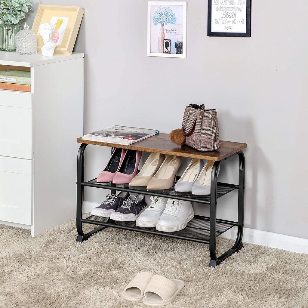 VASAGLE Shoe Bench with 2 Mesh Shelves Rounded Iron Frame Industrial Rustic Brown - Cosy Abode