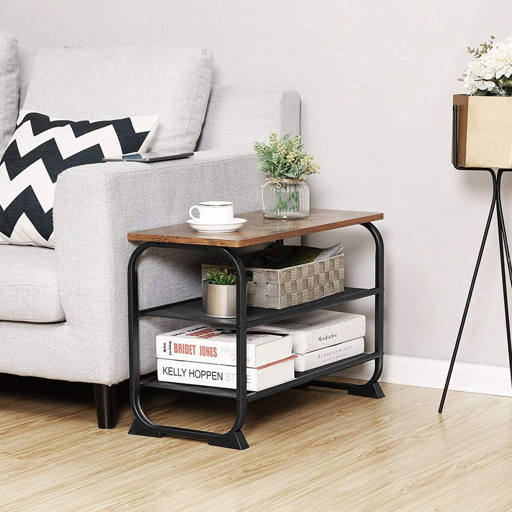 VASAGLE Shoe Bench with 2 Mesh Shelves Rounded Iron Frame Industrial Rustic Brown - Cosy Abode