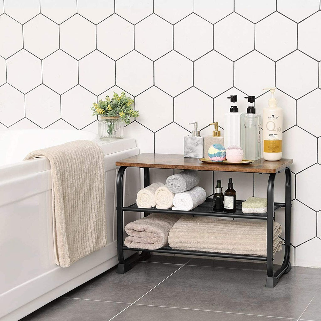 VASAGLE Shoe Bench with 2 Mesh Shelves Rounded Iron Frame Industrial Rustic Brown - Cosy Abode
