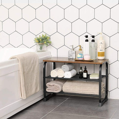 VASAGLE Shoe Bench with 2 Mesh Shelves Rounded Iron Frame Industrial Rustic Brown - Cosy Abode