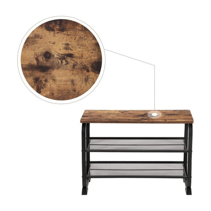 VASAGLE Shoe Bench with 2 Mesh Shelves Rounded Iron Frame Industrial Rustic Brown - Cosy Abode