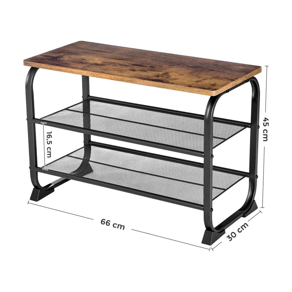 VASAGLE Shoe Bench with 2 Mesh Shelves Rounded Iron Frame Industrial Rustic Brown - Cosy Abode