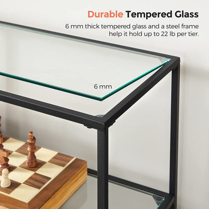 VASAGLE Storage Rack Console Sofa Table with 3 Shelves Steel Frame Tempered Glass Shelf Modern Style Black - Cosy Abode