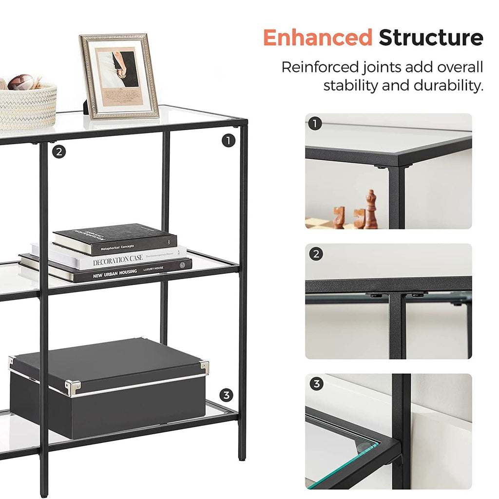 VASAGLE Storage Rack Console Sofa Table with 3 Shelves Steel Frame Tempered Glass Shelf Modern Style Black - Cosy Abode