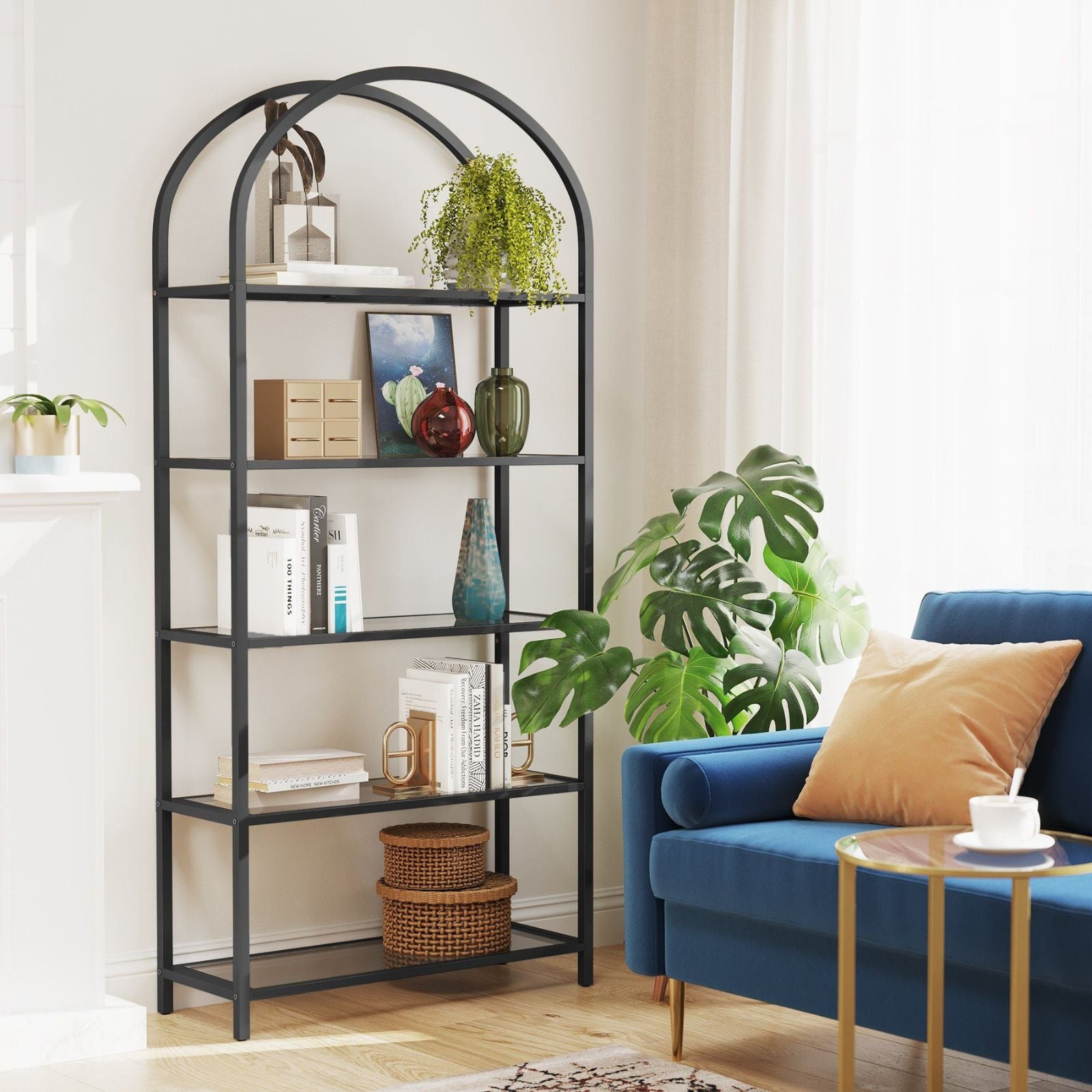 VASAGLE Bookshelf 5 Tier Tempered Glass with Metal Frame - Black - Cosy Abode