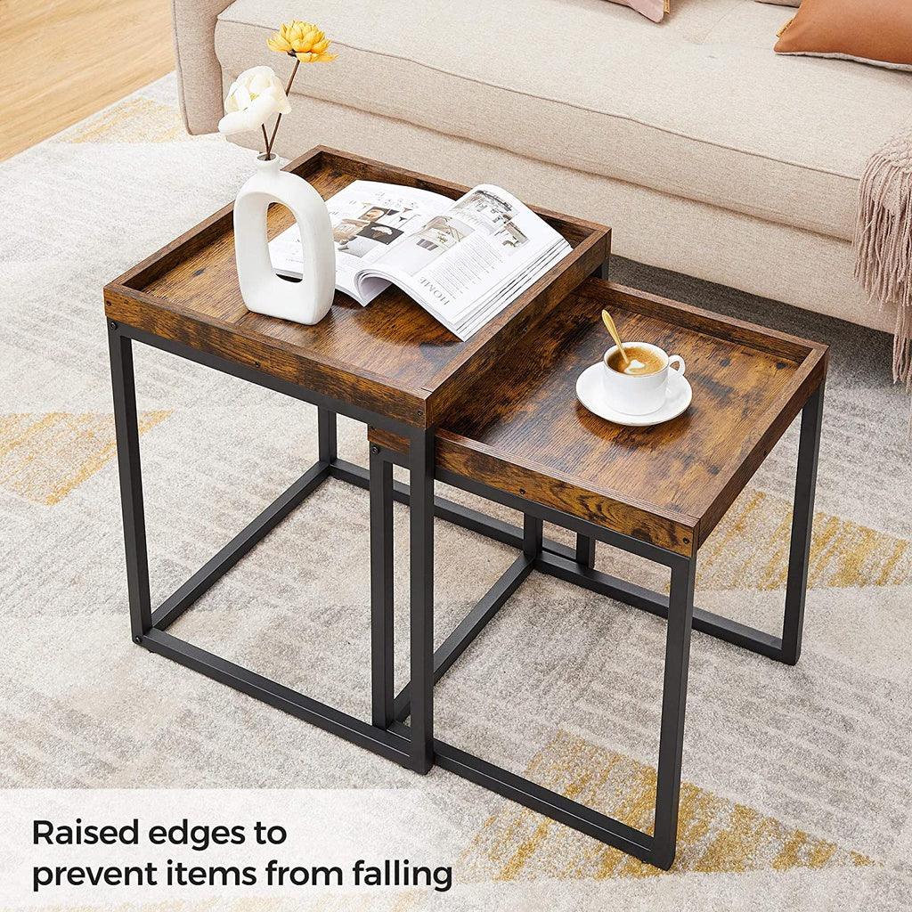 VASAGLE Set of 2 Coffee Tables with Raised Edges Nesting Tables Industrial Rustic Brown and Black - Cosy Abode