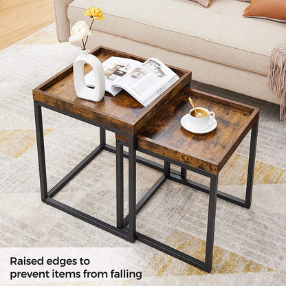 VASAGLE Set of 2 Coffee Tables with Raised Edges Nesting Tables Industrial Rustic Brown and Black - Cosy Abode