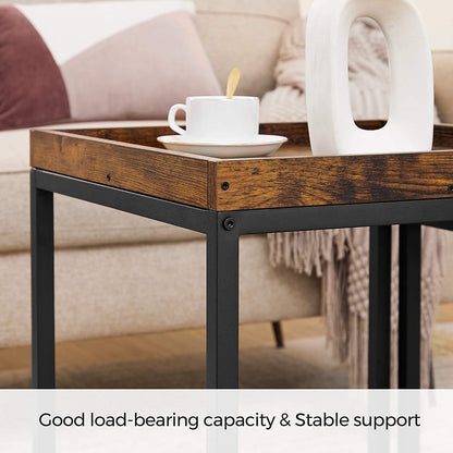 VASAGLE Set of 2 Coffee Tables with Raised Edges Nesting Tables Industrial Rustic Brown and Black - Cosy Abode