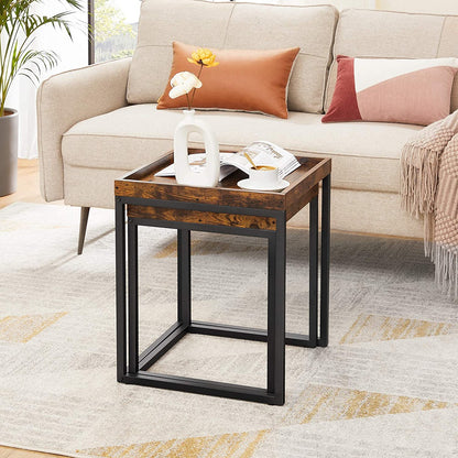 VASAGLE Set of 2 Coffee Tables with Raised Edges Nesting Tables Industrial Rustic Brown and Black - Cosy Abode