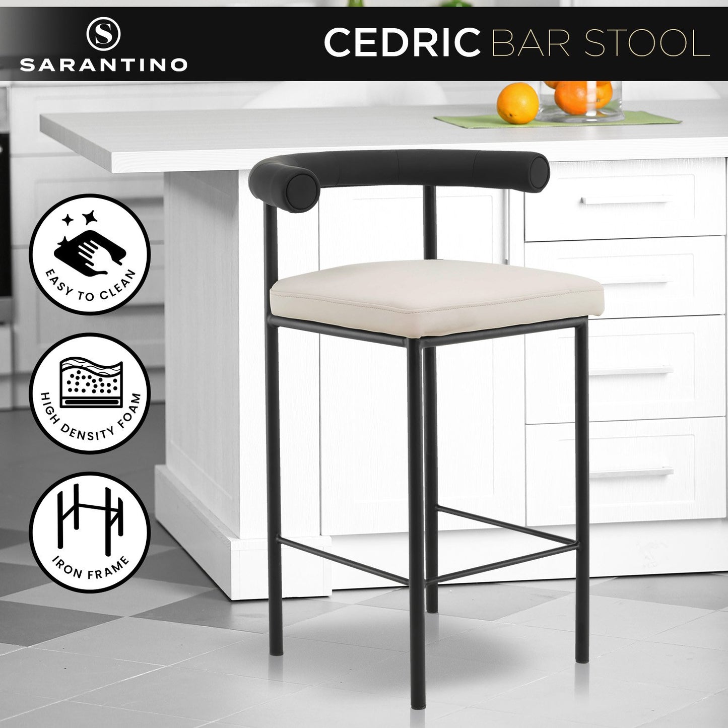 Sarantino Cedric Bar Stool W/ High-density Foam Upholstered In PU Leather Sturdy Iron Frame In Black And Beige - Cosy Abode