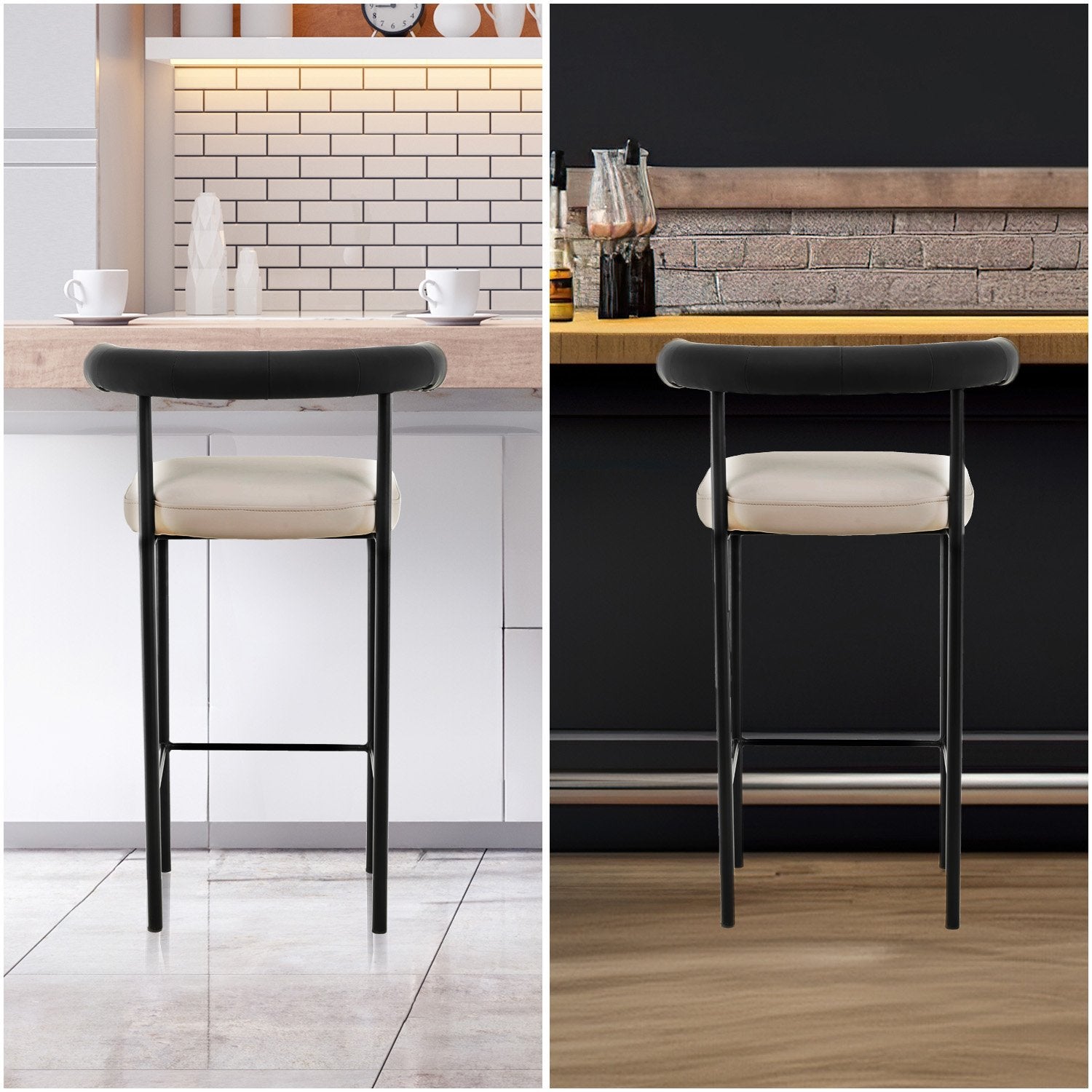 Sarantino Cedric Bar Stool W/ High-density Foam Upholstered In PU Leather Sturdy Iron Frame In Black And Beige - Cosy Abode