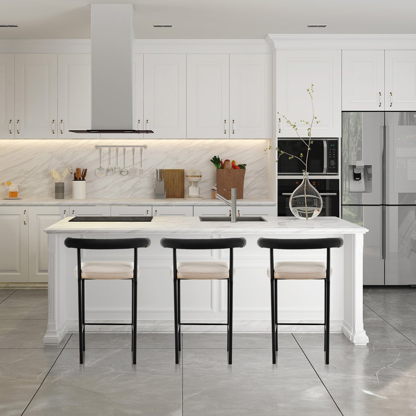 Sarantino Cedric Bar Stool W/ High-density Foam Upholstered In PU Leather Sturdy Iron Frame In Black And Beige - Cosy Abode