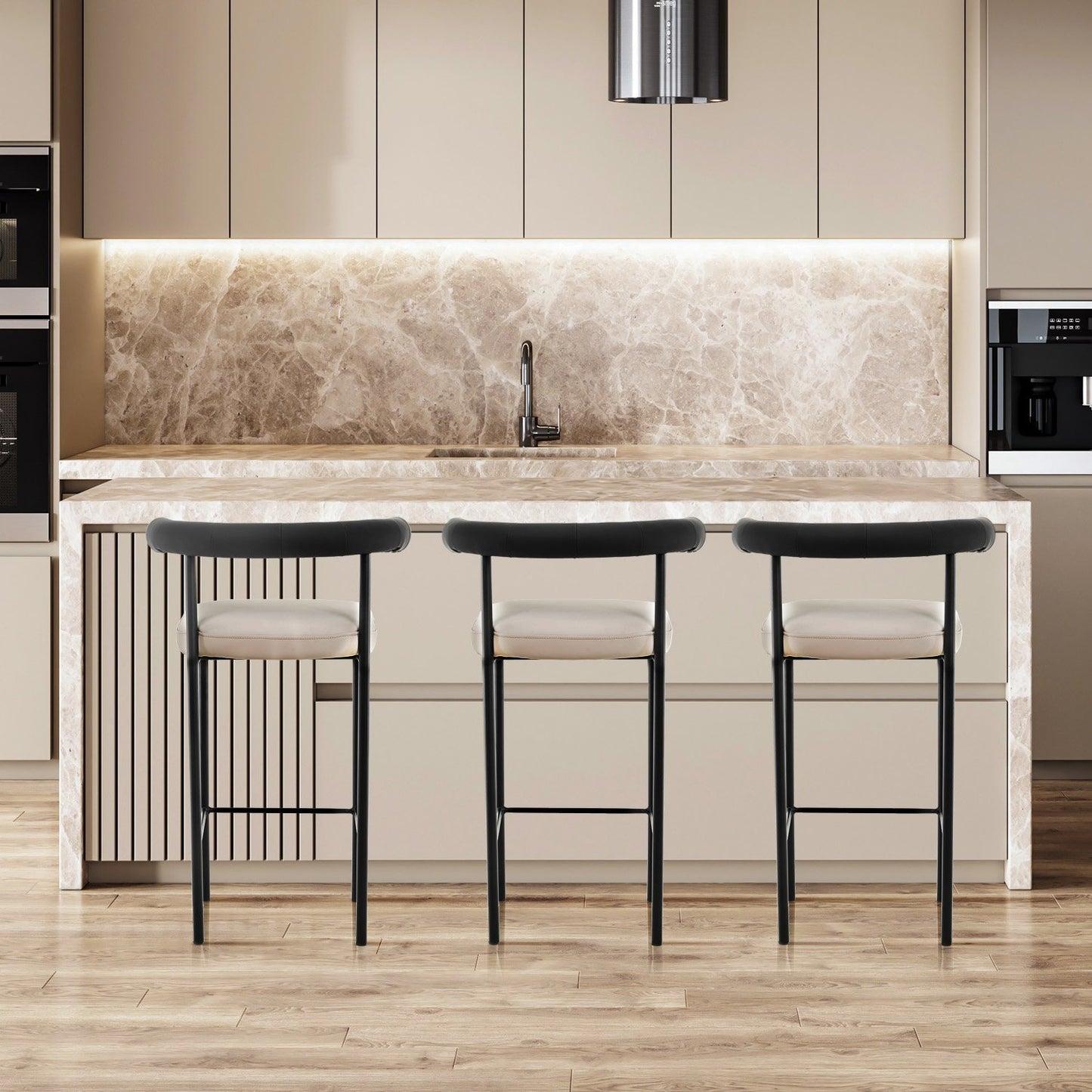 Sarantino Cedric Bar Stool W/ High-density Foam Upholstered In PU Leather Sturdy Iron Frame In Black And Beige - Cosy Abode