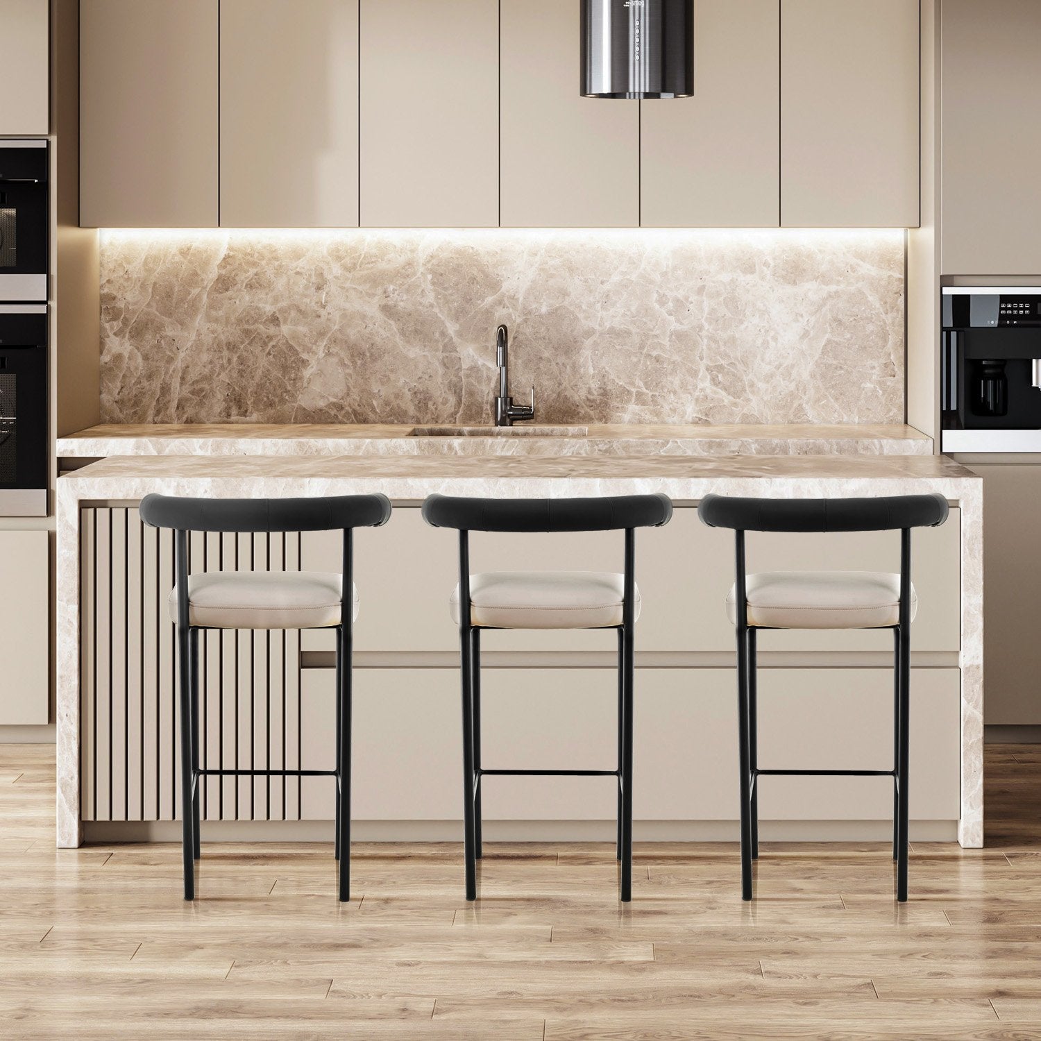 Sarantino Cedric Bar Stool W/ High-density Foam Upholstered In PU Leather Sturdy Iron Frame In Black And Beige - Cosy Abode