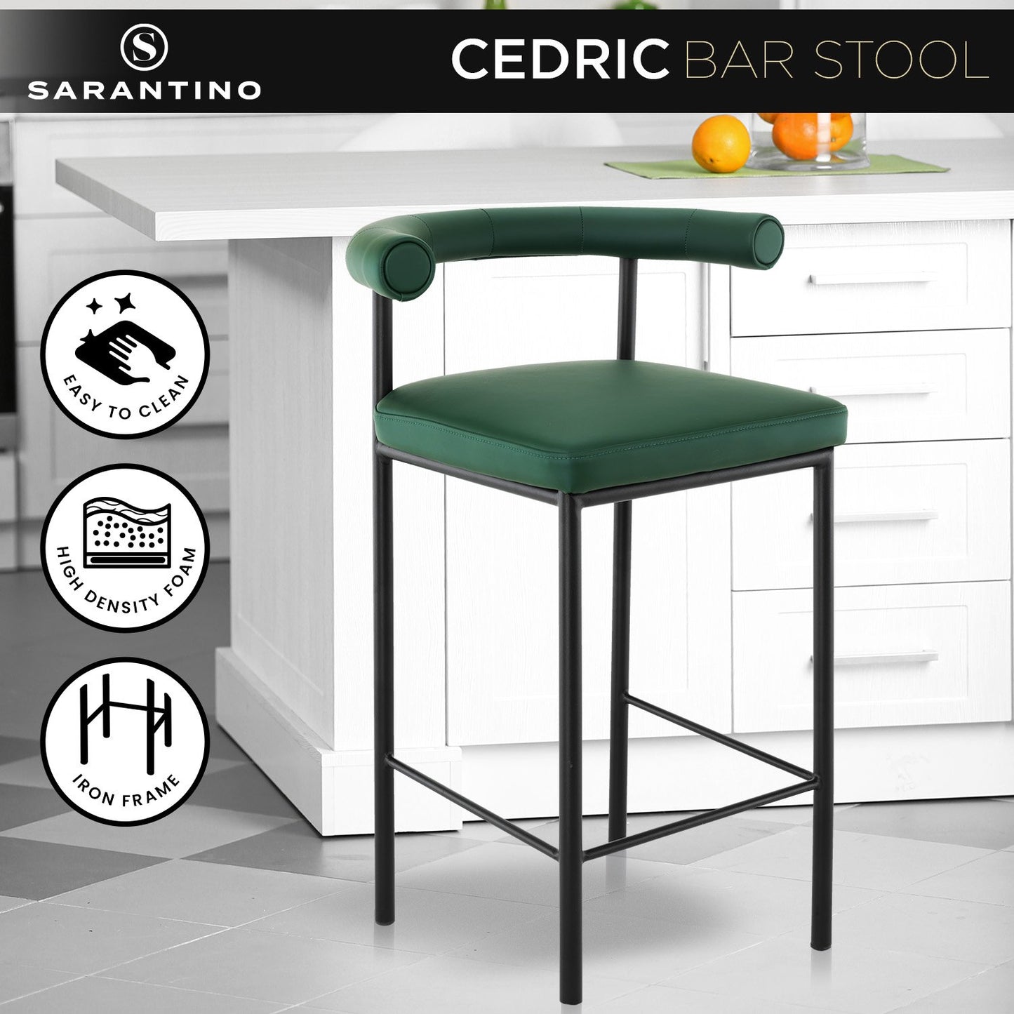 Sarantino Cedric Bar Stool W/ High-density Foam Upholstered In Pu Leather Sturdy Iron Frame Green - Cosy Abode