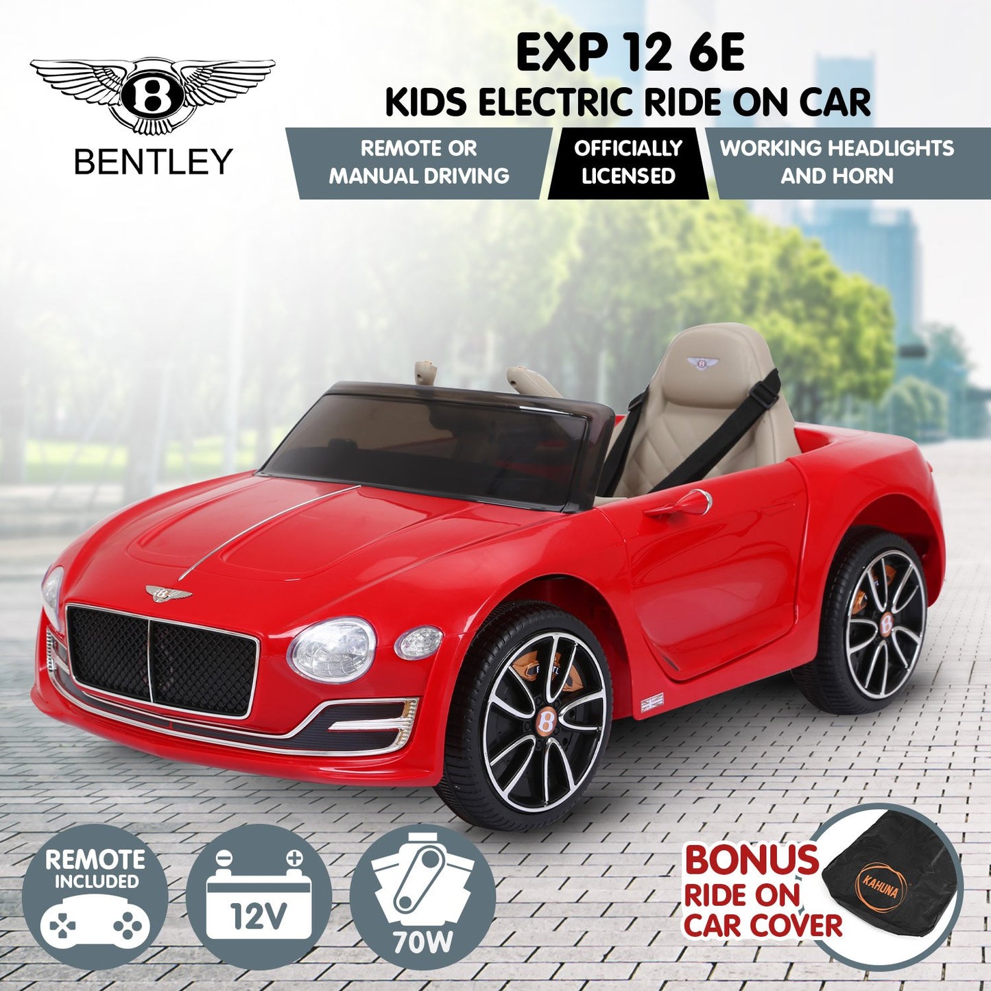 Kahuna Bentley Exp 12 Speed 6E Licensed Kids Ride On Electric Car Remote Control - Red - Cosy Abode