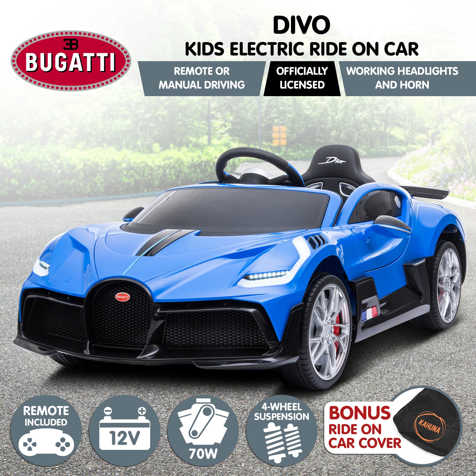 Kahuna Licensed Bugatti Divo Kids Electric Ride On Car - Blue - Cosy Abode