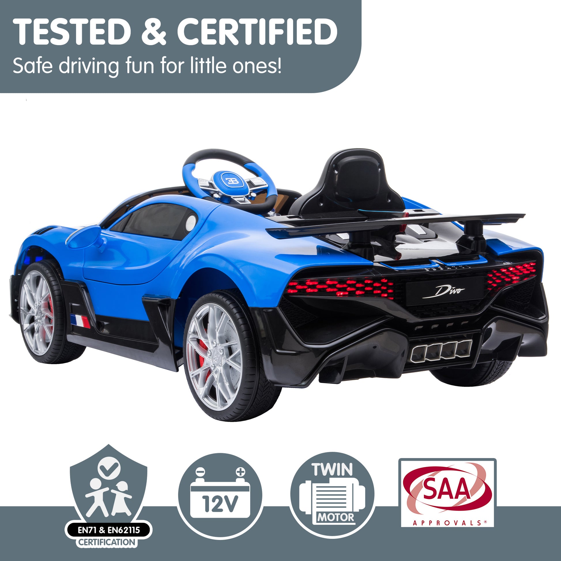 Kahuna Licensed Bugatti Divo Kids Electric Ride On Car - Blue - Cosy Abode
