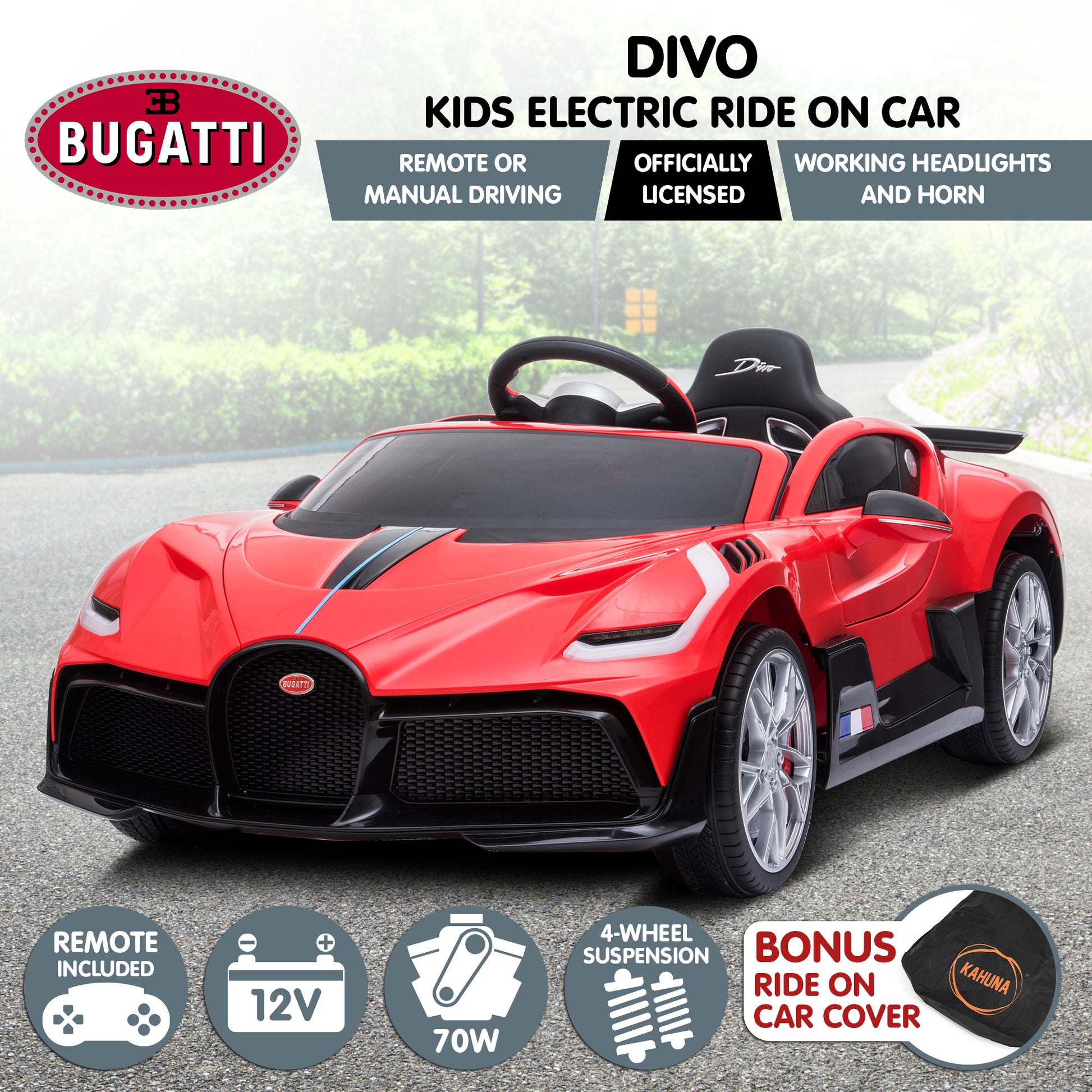 Kahuna Licensed Bugatti Divo Kids Electric Ride On Car - Red - Cosy Abode