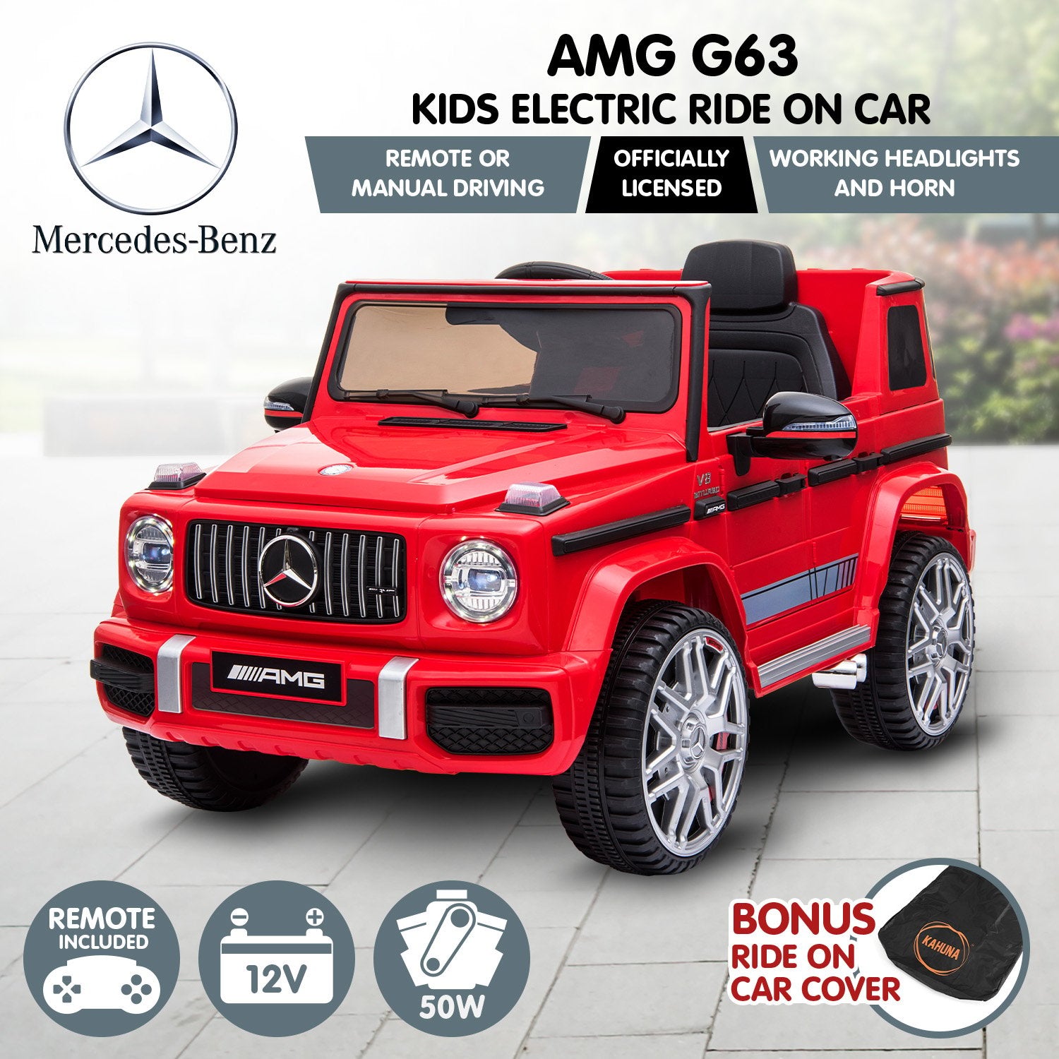 Kahuna Mercedes Benz AMG G63 Licensed Kids Ride On Electric Car Remote Control - Red - Cosy Abode