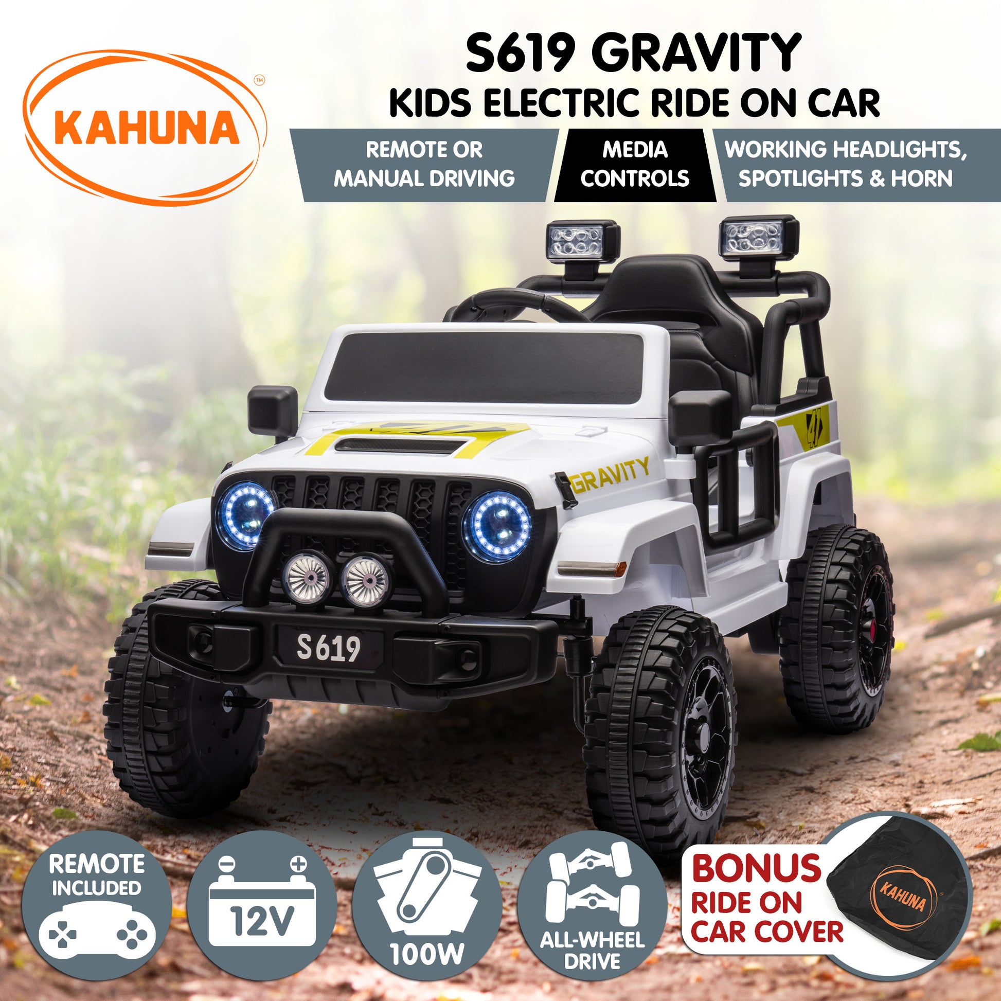 Kahuna S619 Gravity Kids Electric Ride On Car - White - Cosy Abode