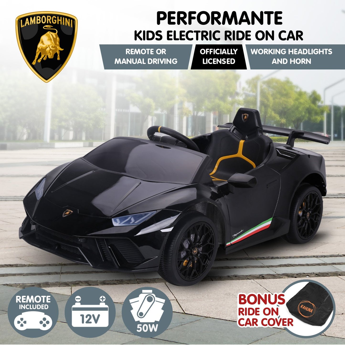 Kahuna Lamborghini Performante Kids Electric Ride On Car Remote Control - Black - Cosy Abode