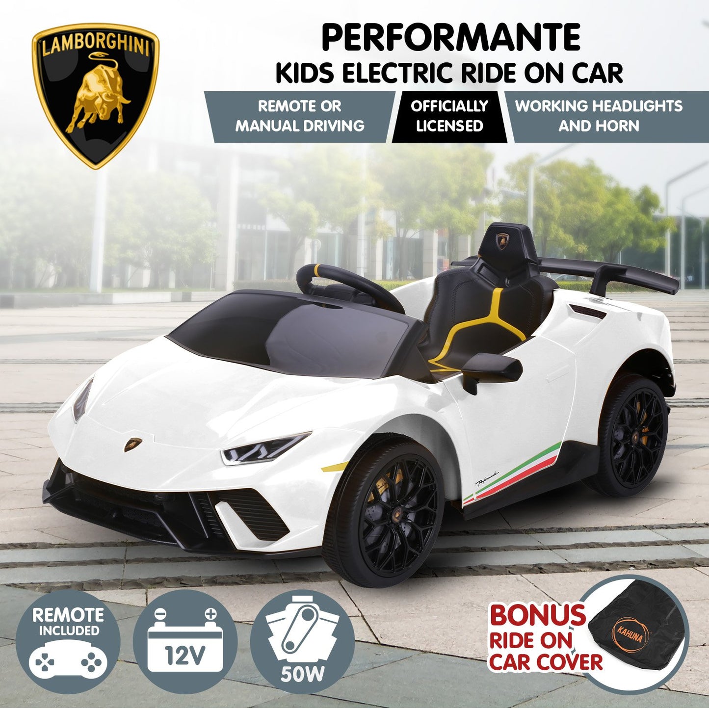 Kahuna Lamborghini Performante Kids Electric Ride On Car Remote Control by Kahuna - White - Cosy Abode