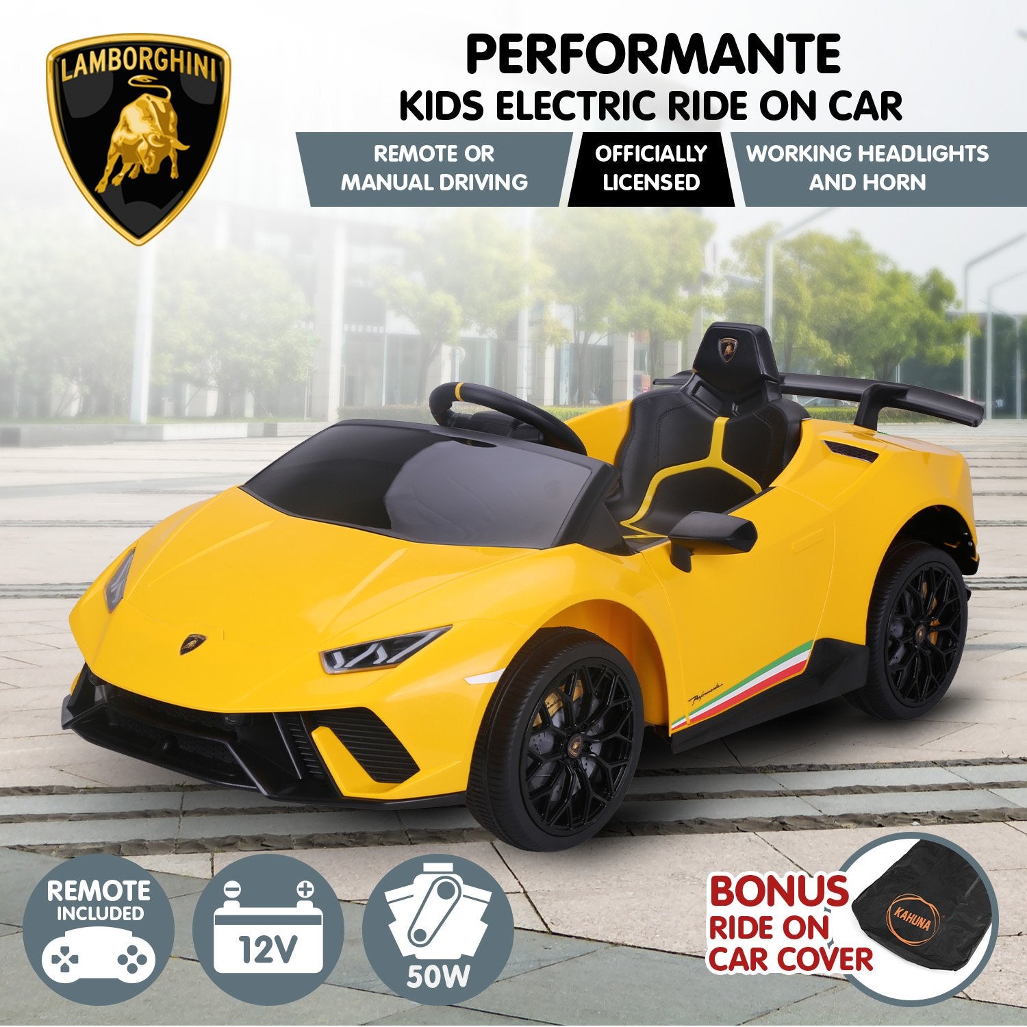 Kahuna Lamborghini Performante Kids Electric Ride On Car Remote Control - Yellow - Cosy Abode