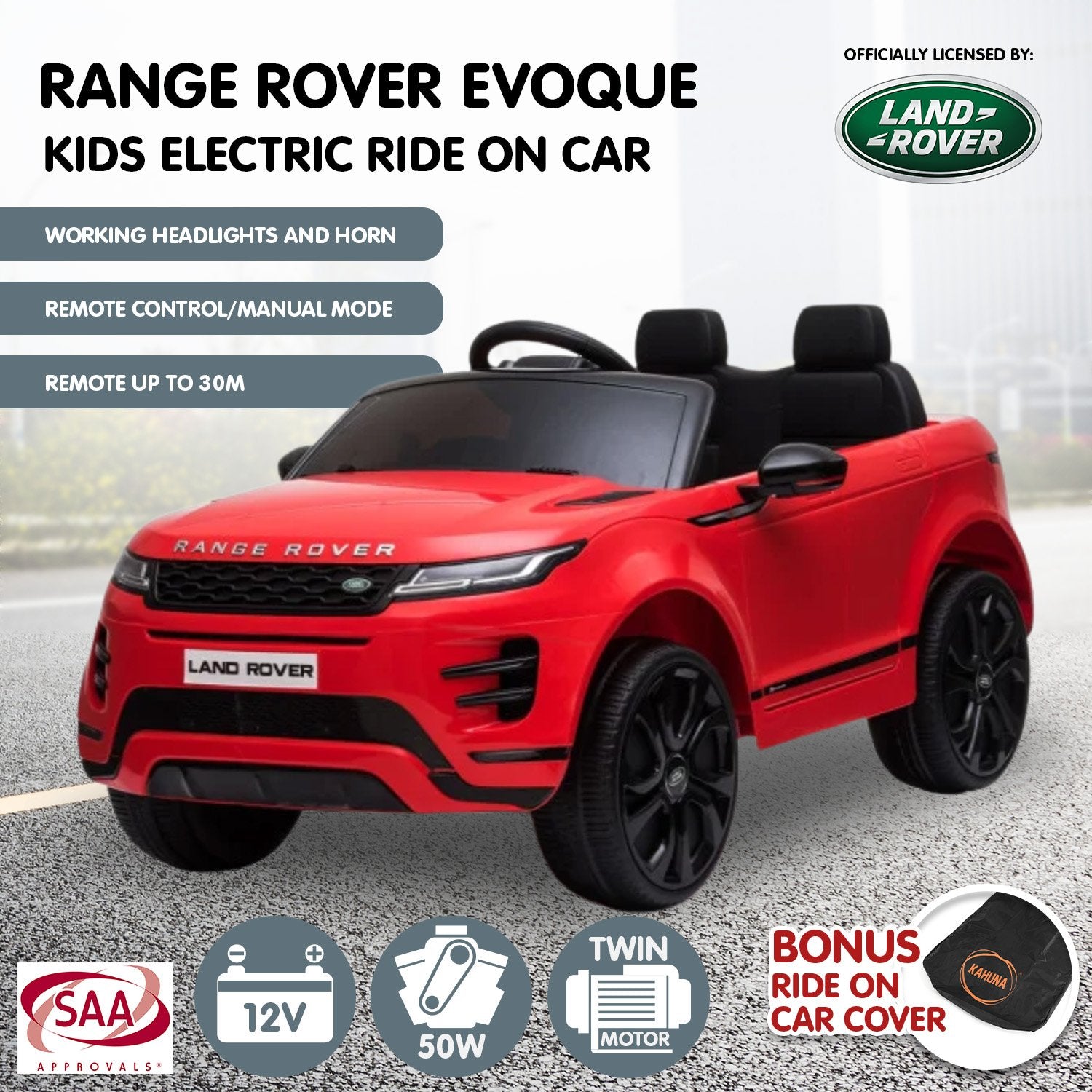 Kahuna Land Rover Licensed Kids Electric Ride On Car Remote Control - Red - Cosy Abode