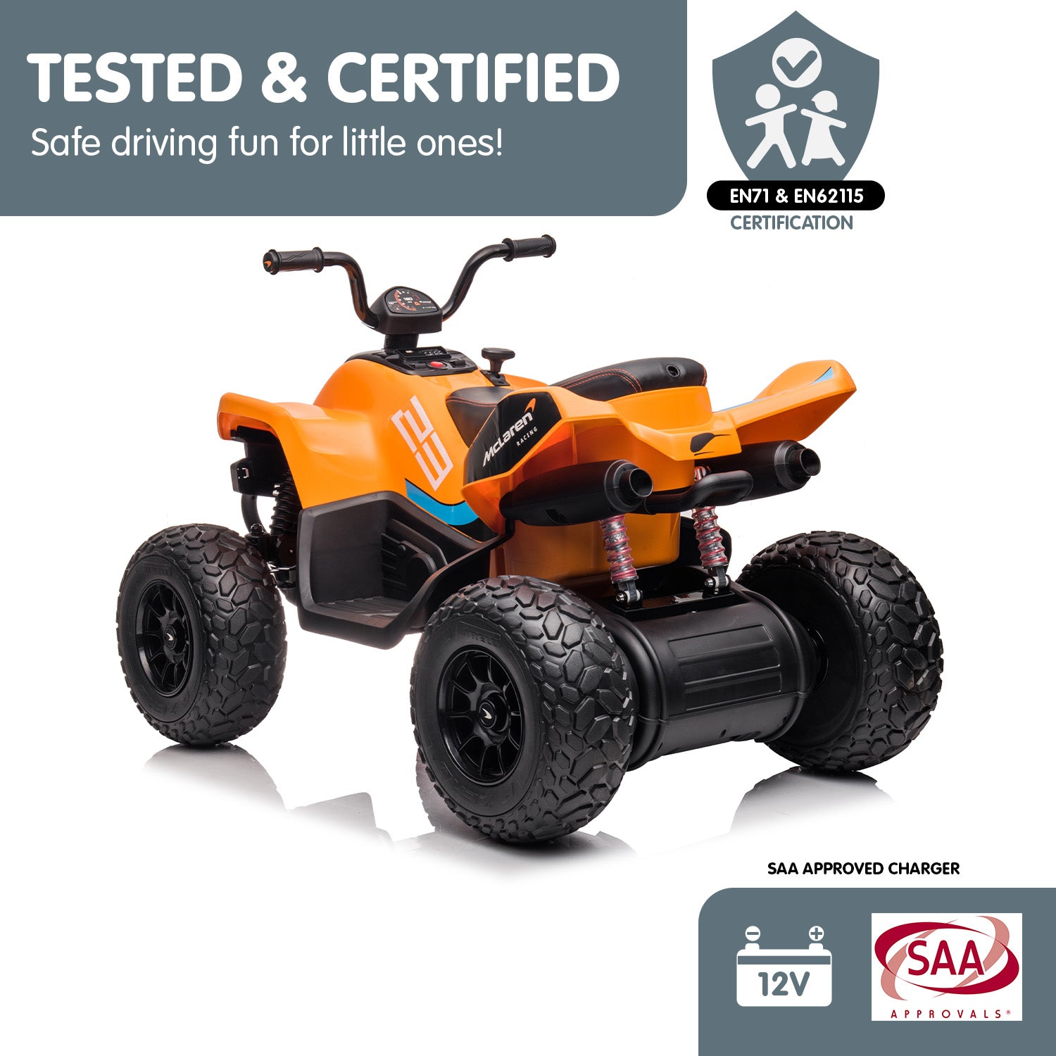 Kahuna Licensed MCL35 McLaren Kids Toy Ride On Electric Quad Bike - Orange - Cosy Abode