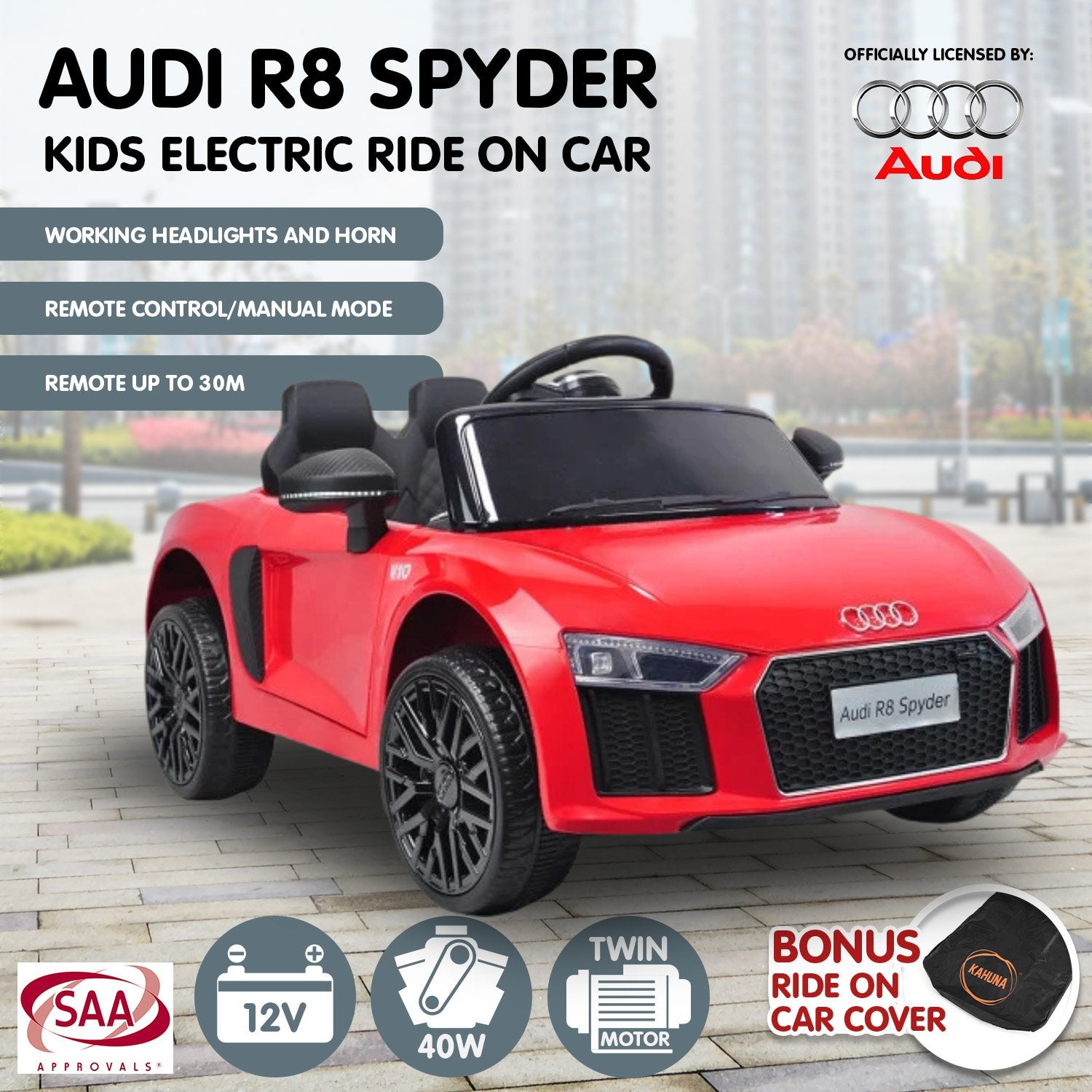 Kahuna R8 Spyder Audi Licensed Kids Electric Ride On Car Remote Control - Red - Cosy Abode