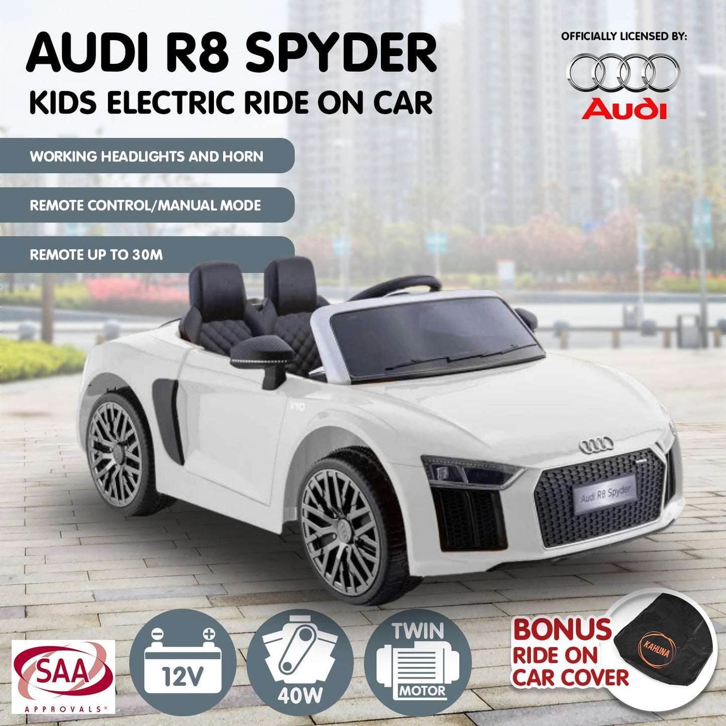 Kahuna R8 Spyder Audi Licensed Kids Electric Ride On Car Remote Control - White - Cosy Abode
