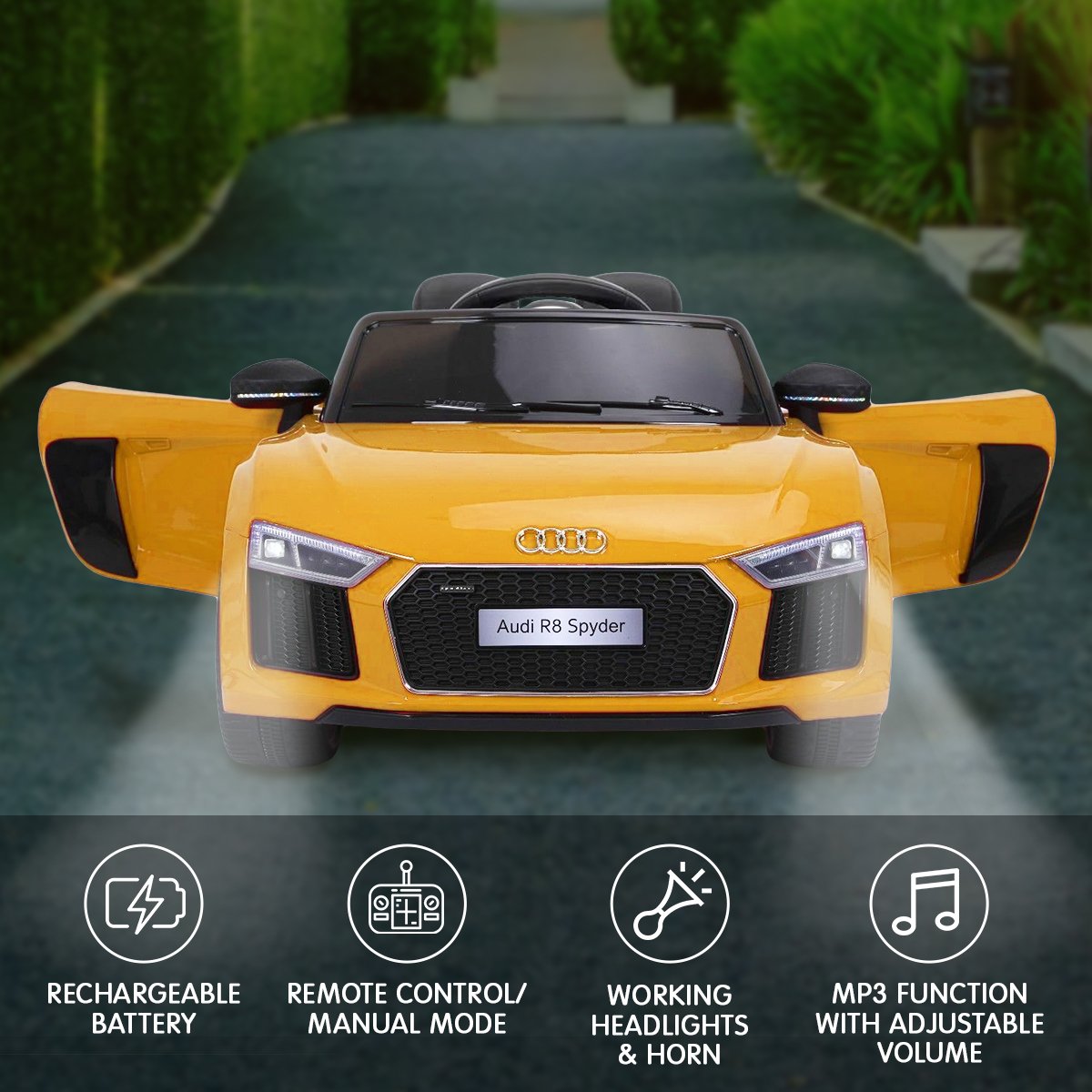 Kahuna R8 Spyder Audi Licensed Kids Electric Ride On Car Remote Control - Yellow - Cosy Abode