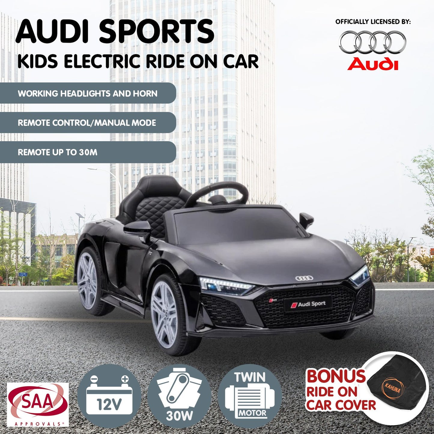 Kahuna Audi Sport Licensed Kids Electric Ride On Car Remote Control - Black - Cosy Abode