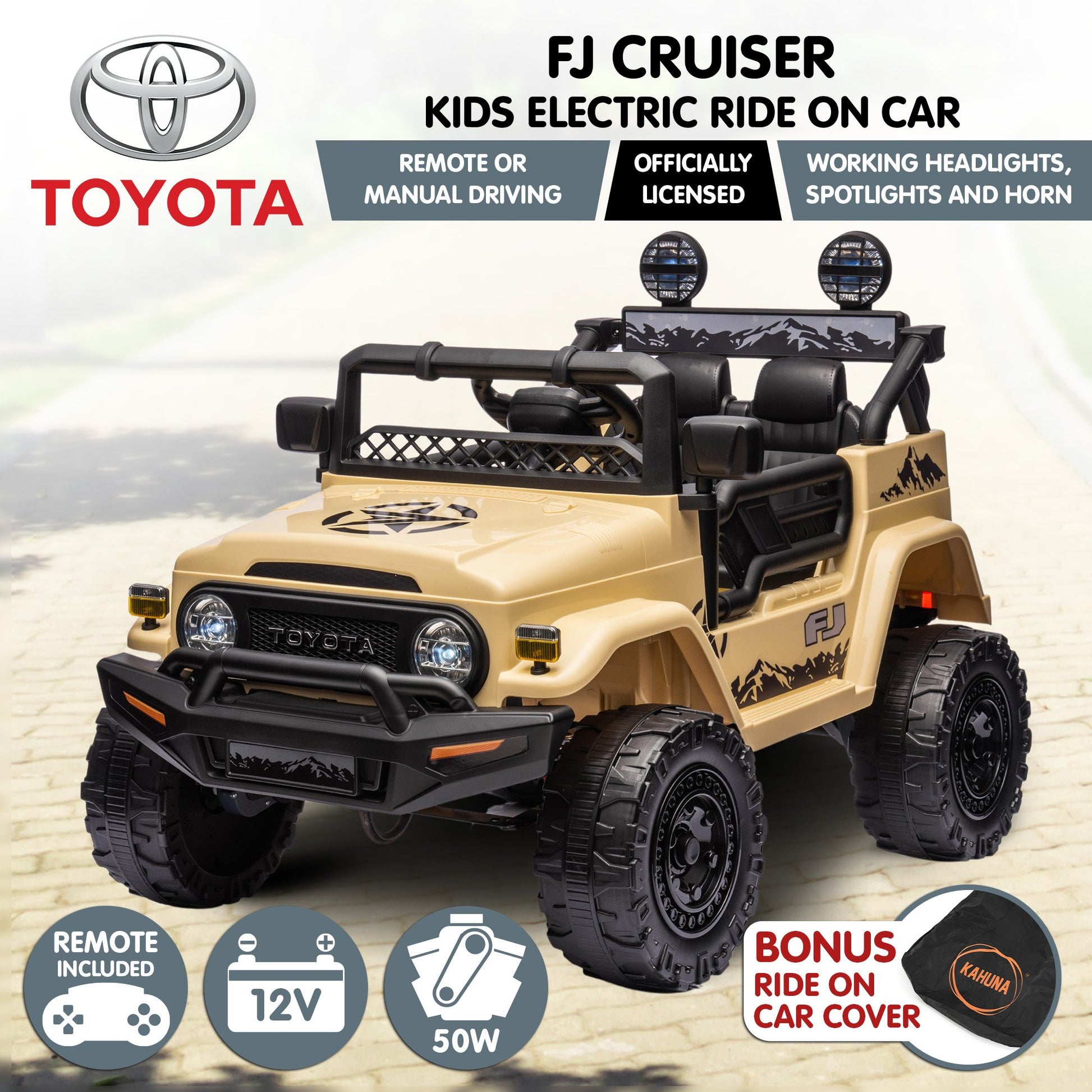 Kahuna Authorised Toyota Fj Cruiser Kids Electric Ride On Car - Khaki - Cosy Abode