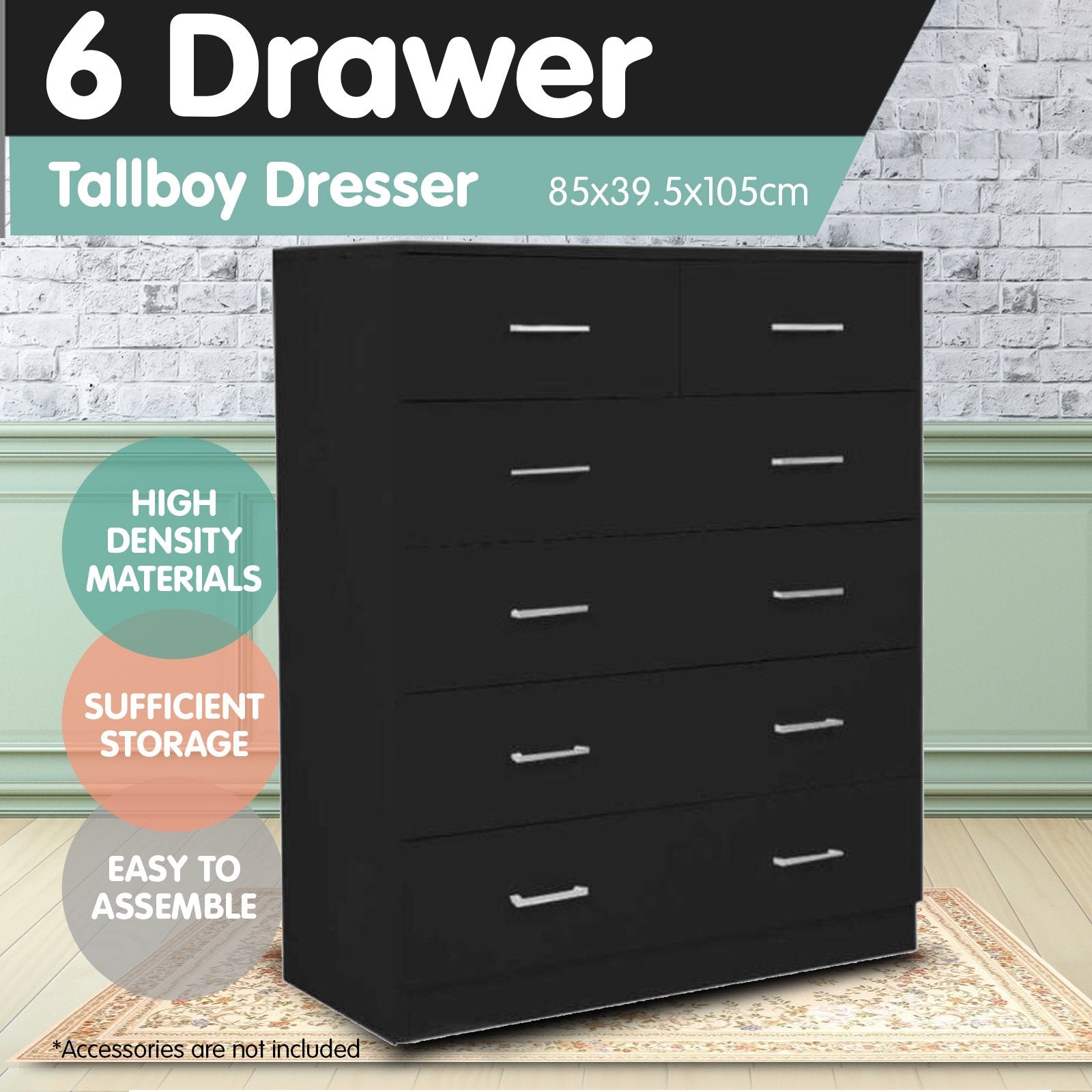 Sarantino Tallboy Dresser 6 Chest Of Drawers Table Cabinet Bedroom Storage Black - Cosy Abode