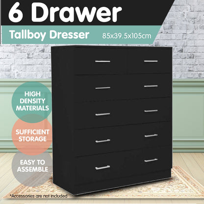 Sarantino Tallboy Dresser 6 Chest Of Drawers Table Cabinet Bedroom Storage Black - Cosy Abode